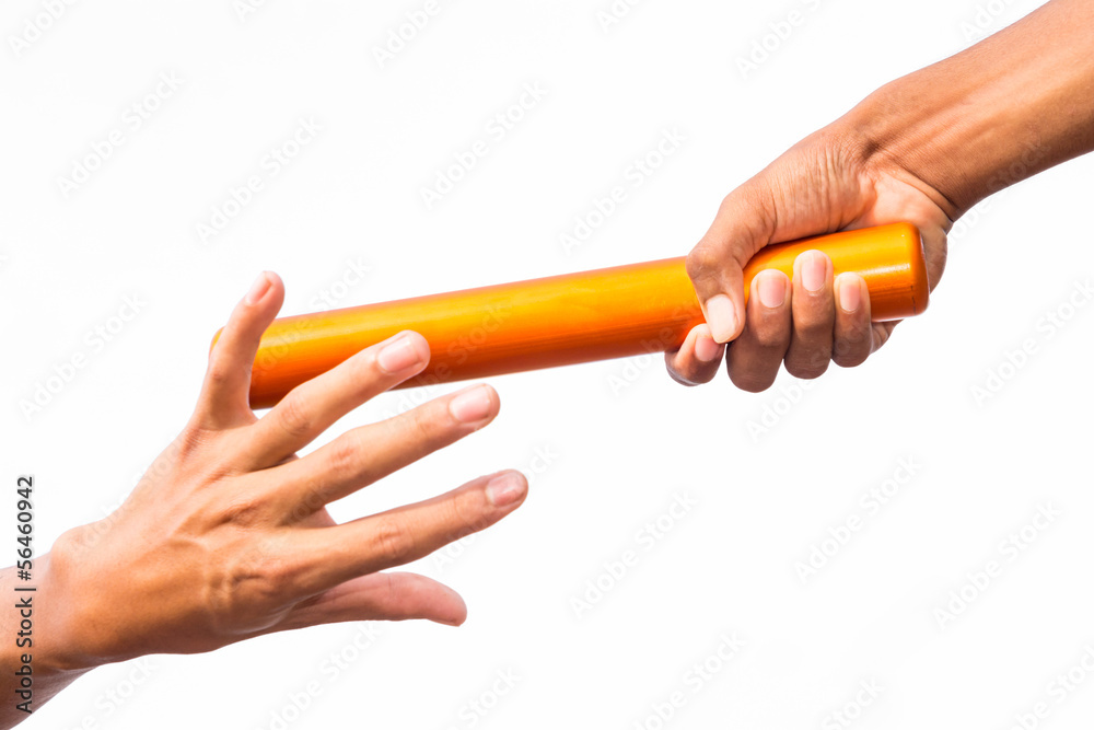 two hands passing a relay baton - obrazy, fototapety, plakaty 