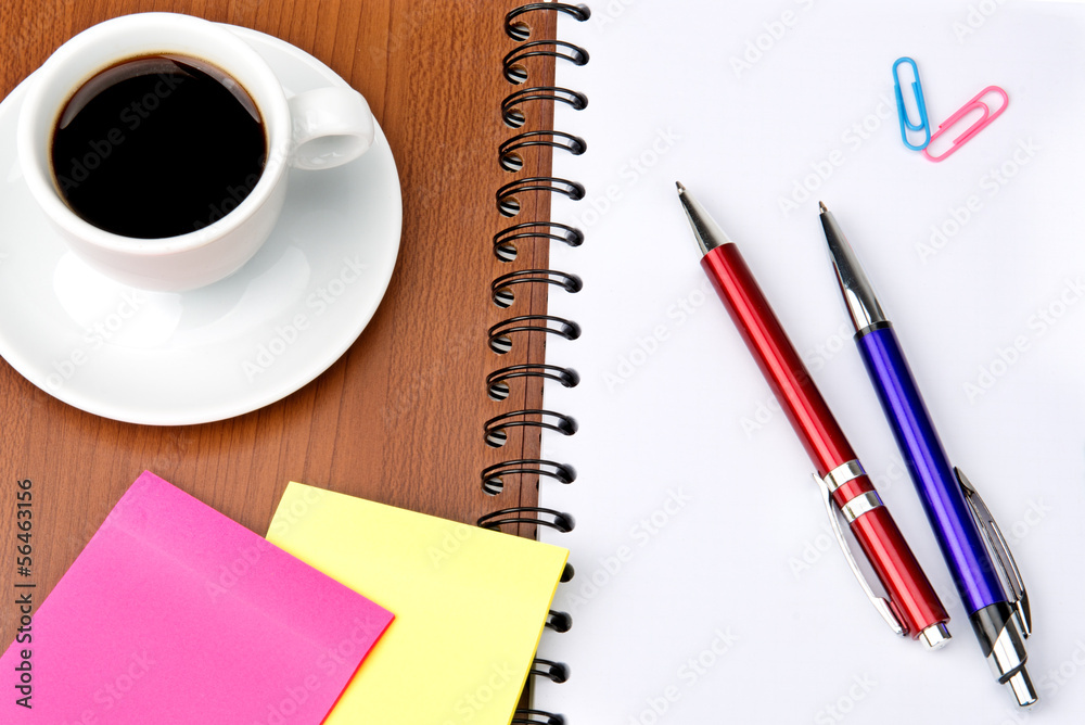 office supplies and coffee cup isolated on white background office supplies and coffee cup isolated on white background