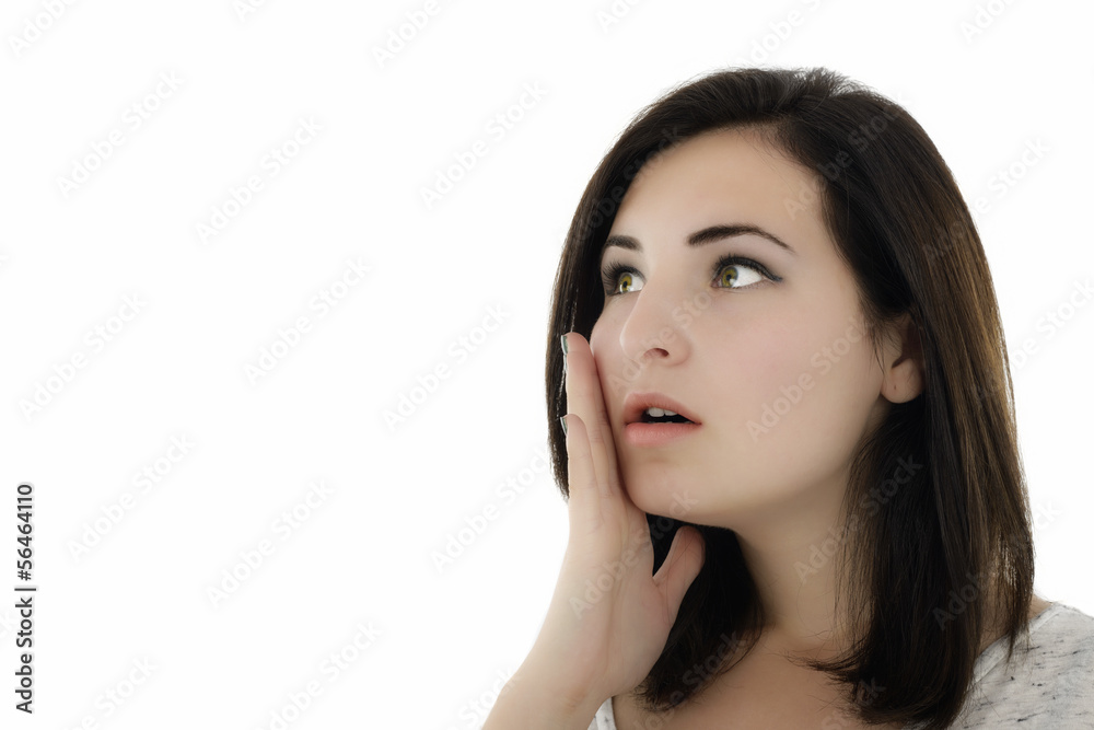 Portrait of a speaking young woman, on white background