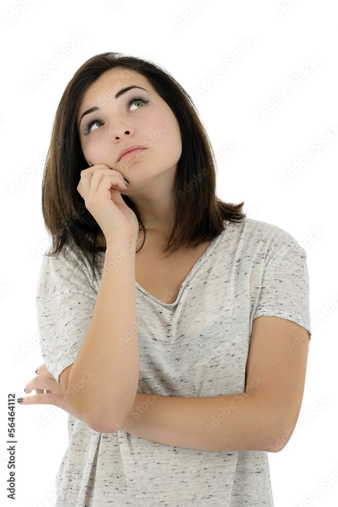 Portrait of a beautiful young woman thinking, isolated on white Portrait of a beautiful young woman thinking, isolated on white