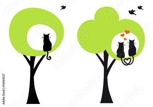 trees with cats and birds, vector