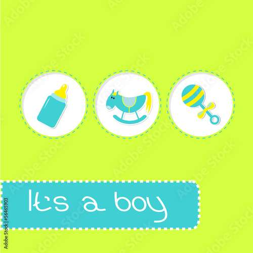 Baby boy shower card with bottle, horse, and pacifier