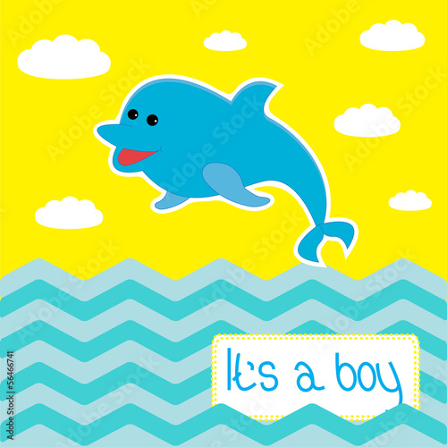 Baby boy shower card with cute dolphin