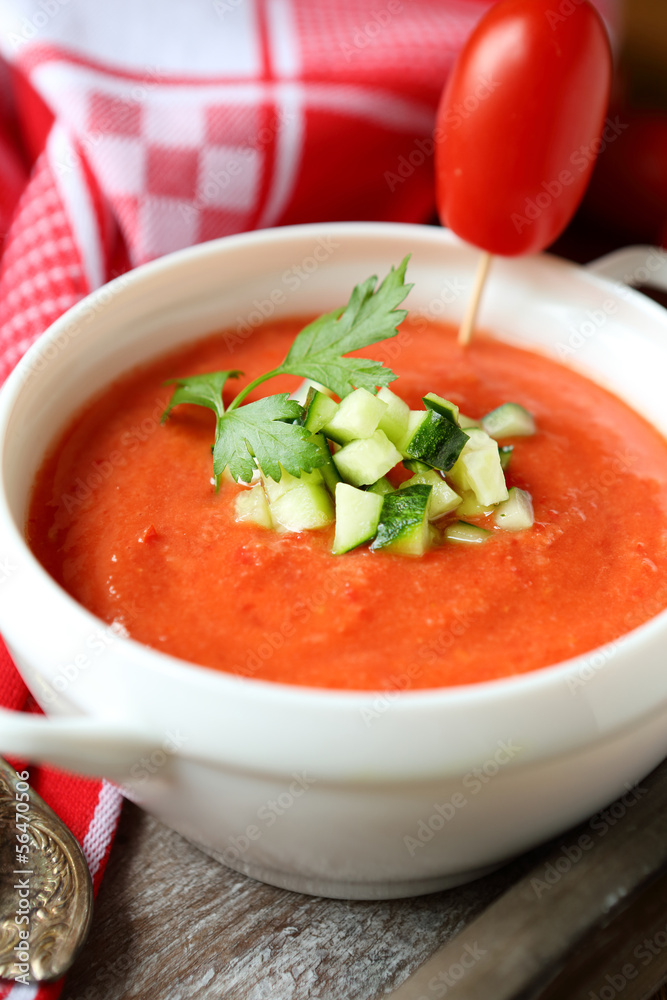 Gazpacho soup in a white tureen Gazpacho soup in a white tureen