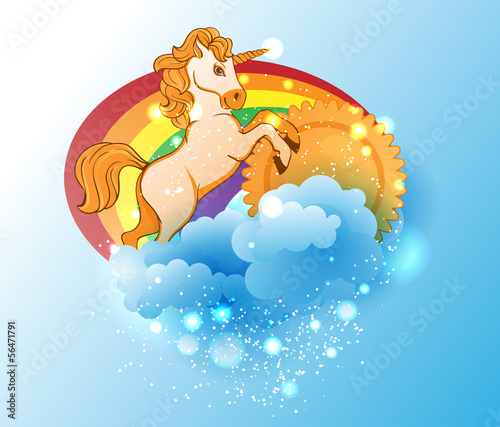 Cartoon unicorn, sun, rainbow and clouds