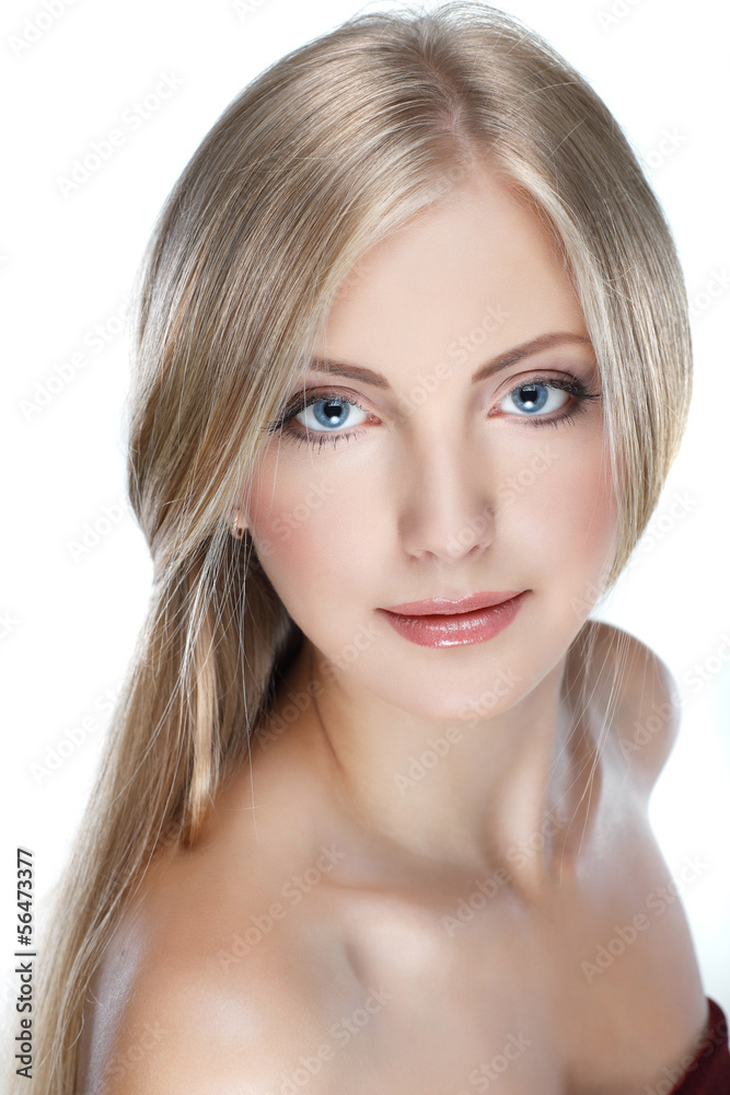 portrait whiteheaded young woman with blue eyes on white portrait whiteheaded young woman with blue eyes on white
