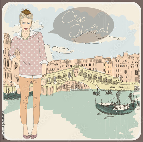 Beautiful vintage card with a fashionable girl. Ciao Italia! 