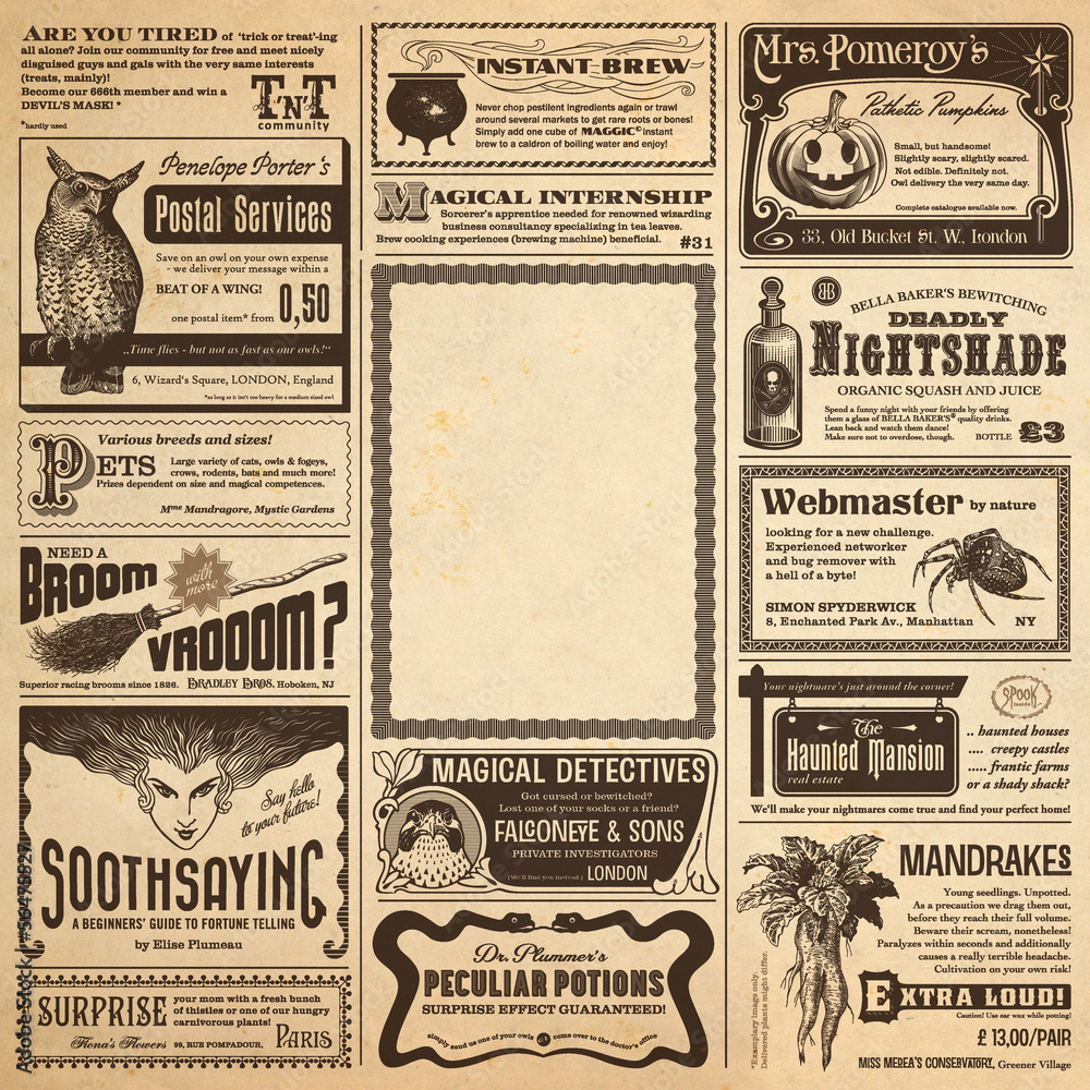Fototapeta premium wizarding newspaper page with classifieds as a Halloween card