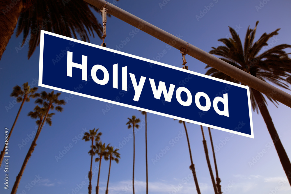 Hollywood  sign illustration over LA Palm trees - obrazy, fototapety, plakaty 