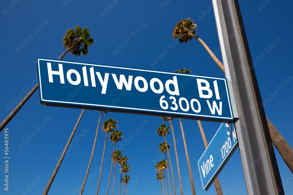 Naklejka premium Hollywood Boulevard z ilustracją znaku na palmach