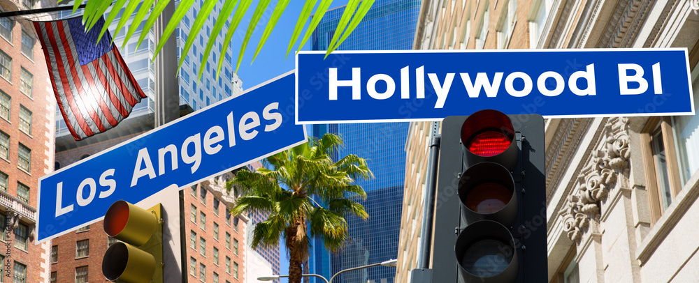 Naklejka premium Hollywood Los angeles redlight signs on California photo-mount
