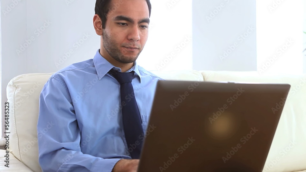 Businessman using a laptop on a couch Businessman using a laptop on a couch