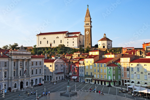 Piran, Pirano, Slovenia - Piazza Tarini e Chiesa di San Pietro