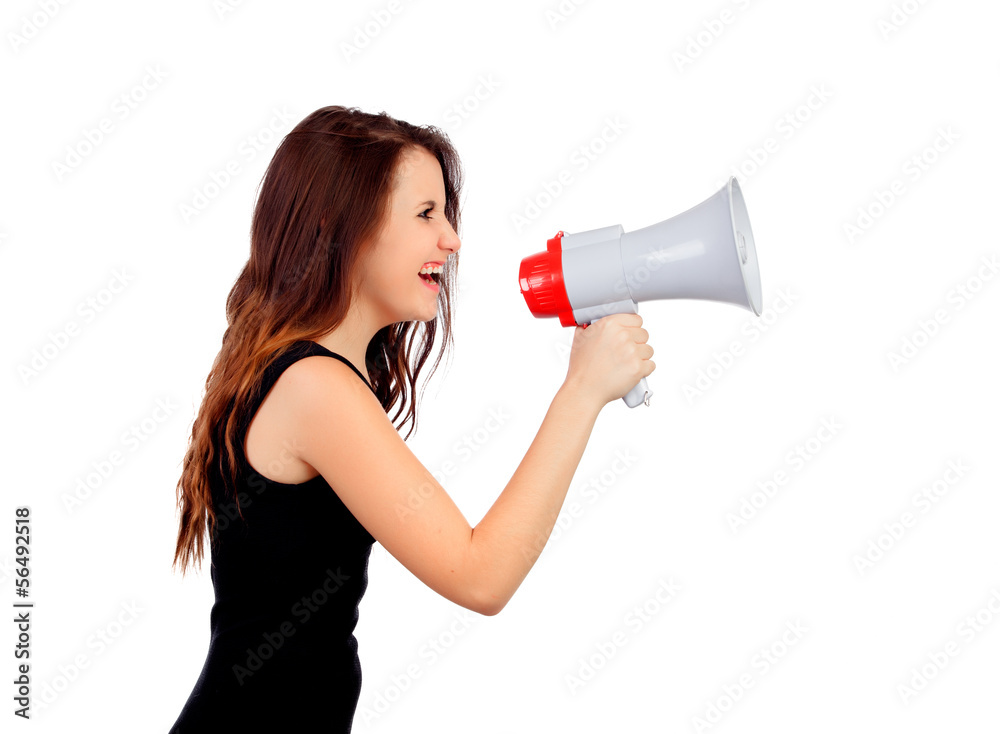 Funny girl shouting with a megaphone