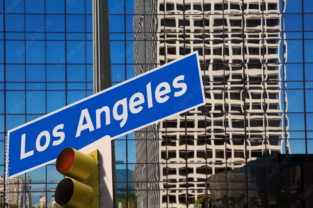 Naklejka premium LA Los Angeles downtown wit road sign photo mount