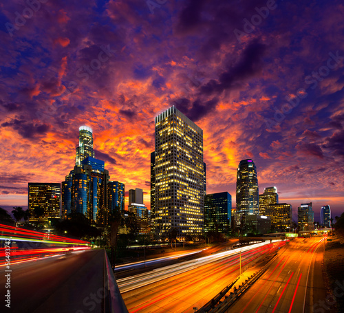 Downtown LA night Los Angeles sunset skyline California #56493742