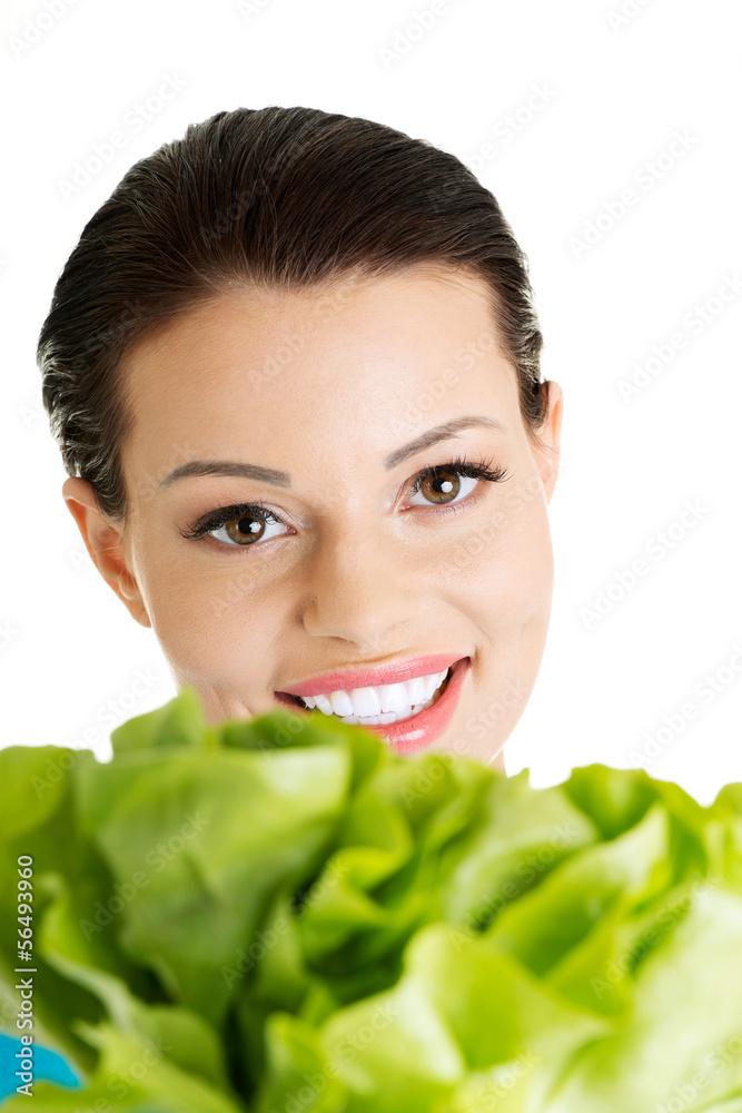 Attractive caucasian smiling woman with salat Attractive caucasian smiling woman with salat
