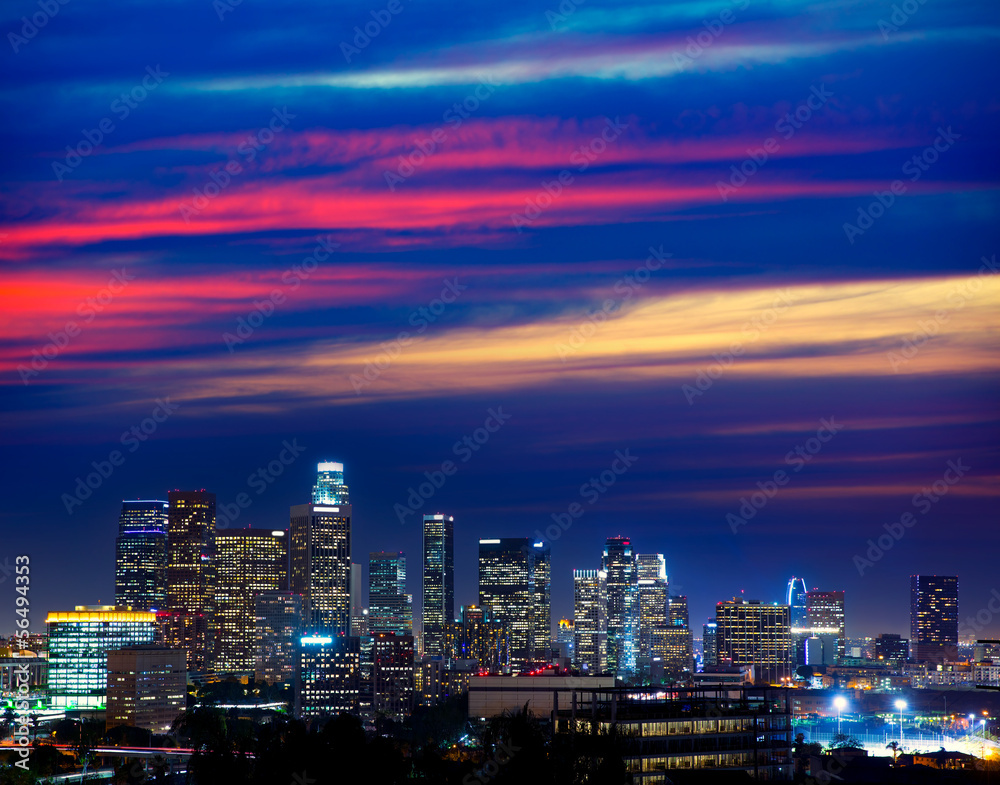 Downtown LA night Los Angeles sunset skyline California Downtown LA night Los Angeles sunset skyline California