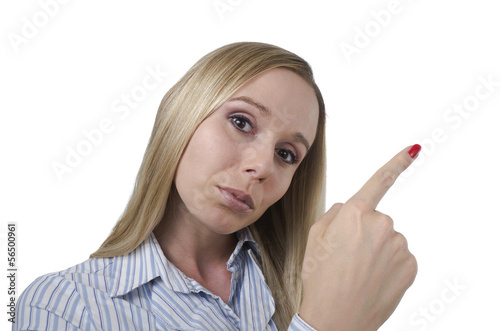 woman pointing with her finger on white background