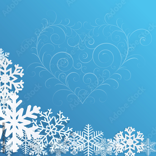 Christmas background with snowflakes and heart on blue