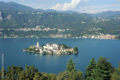 Overview at lake Orta with the island of San Giulio, Italy