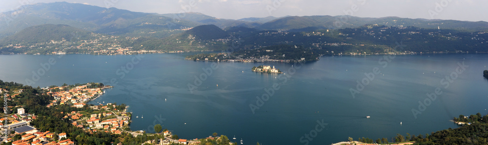 Overview at lake Orta with the island of San Giulio, Italy