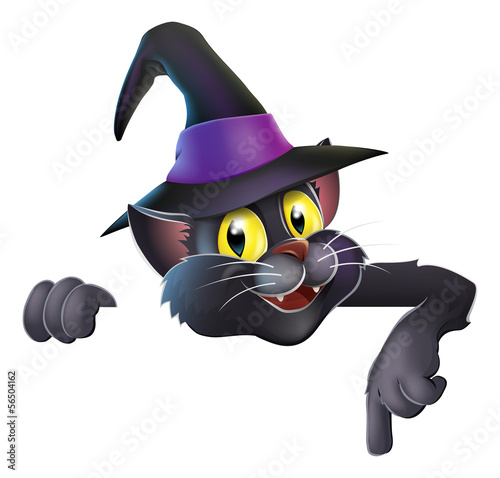 Pointing cartoon witchs cat