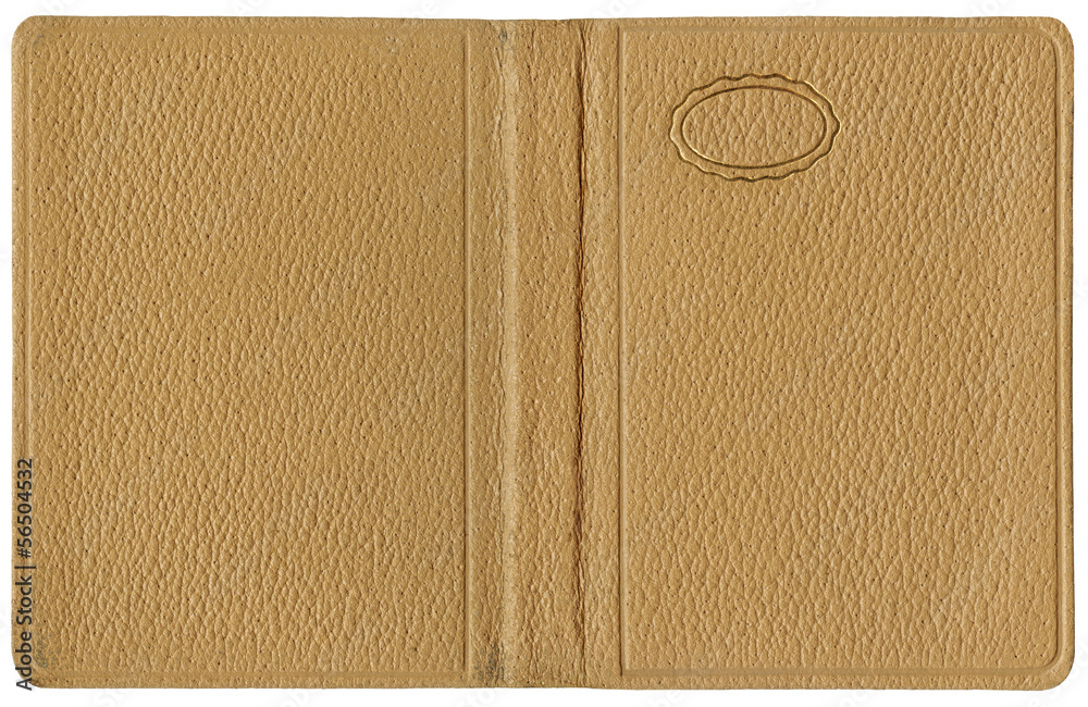Obraz premium Vintage open book or notebook cover with soft beige leather texture and small golden oval frame