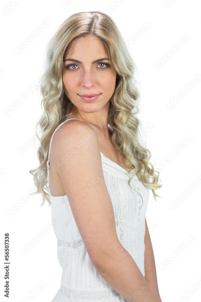 Relaxed attractive model in white dress posing Relaxed attractive model in white dress posing