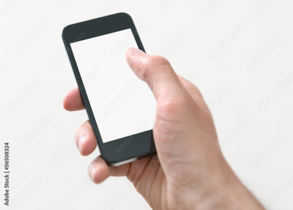 Holding and touching on mobile phone with blank screen