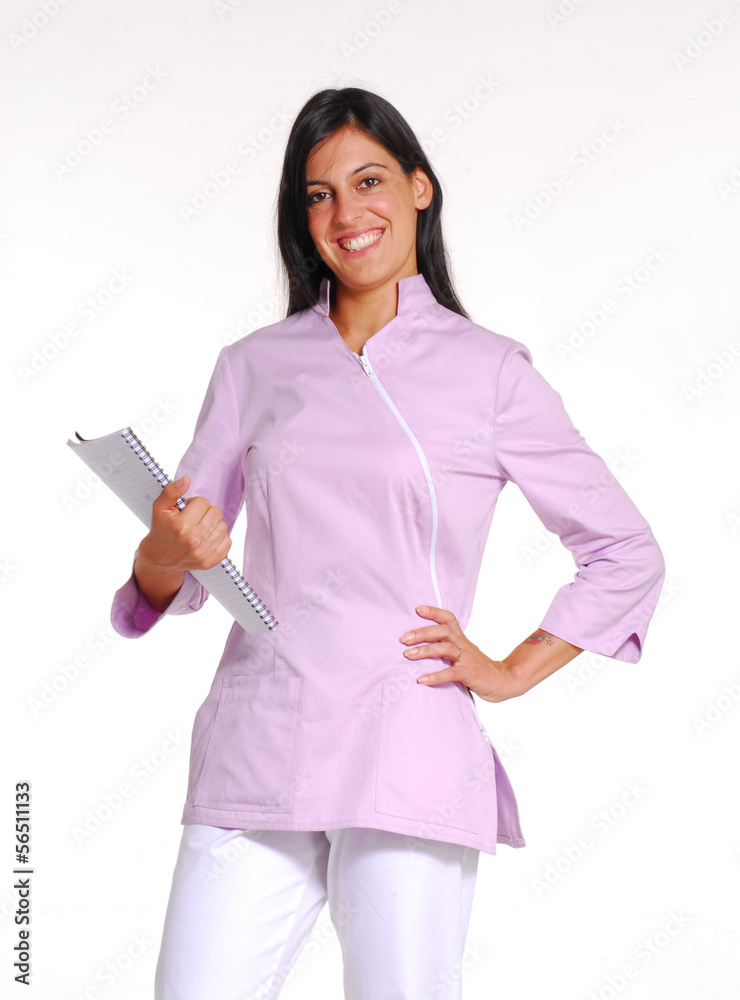 Joven mujer médico en fondo blanco.Odontólogo. Joven mujer médico en fondo blanco.Odontólogo.