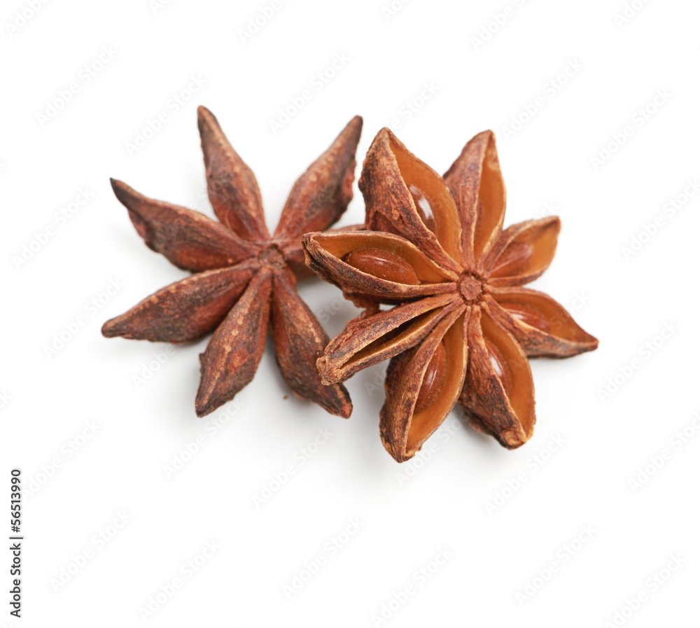 two whole star anise isolated on white background