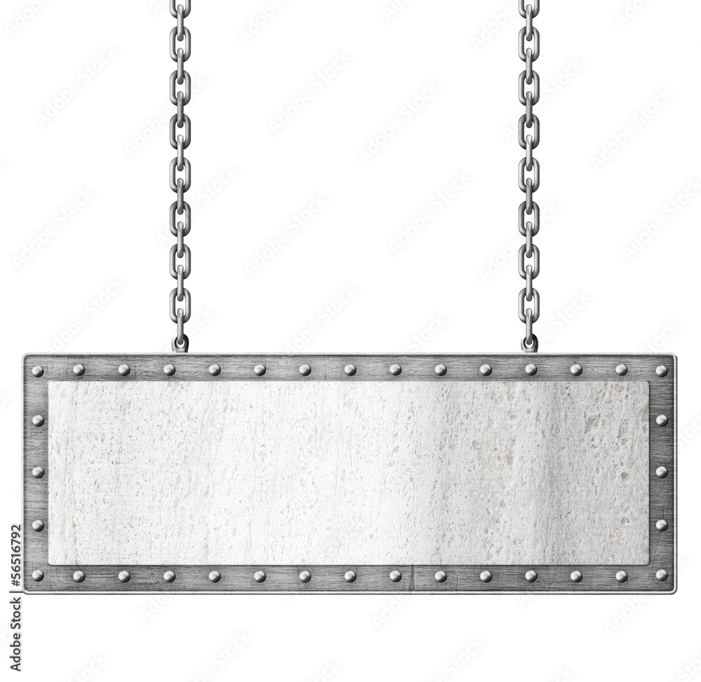 metal signboard hanging on chains isolated