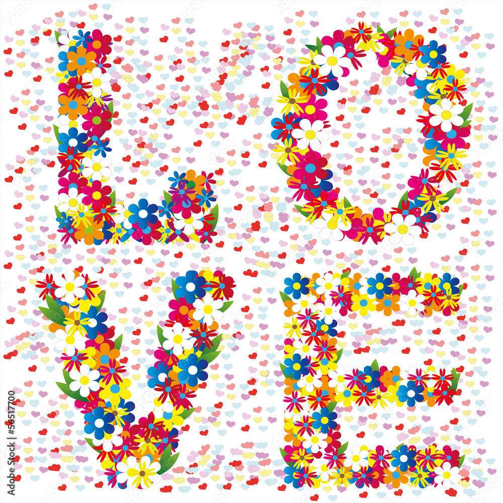 Obraz premium Love words decorated with flowers and hearts