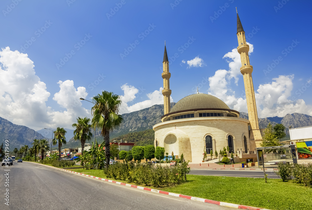 Mosque in Kemer on the backdrop of the mountains, Turkey