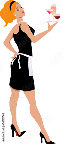 Sexy waitress in a black dress holding drinks