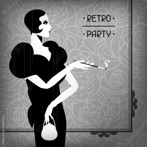 Retro party background with beautiful girl of 1920s style.