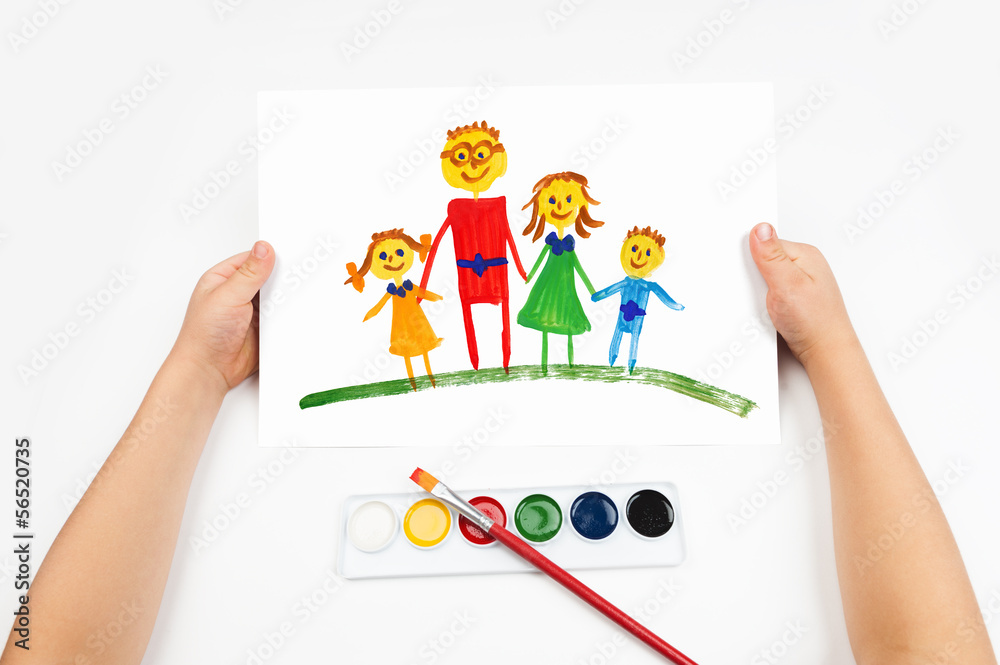 Fototapeta premium Child draws the family watercolors