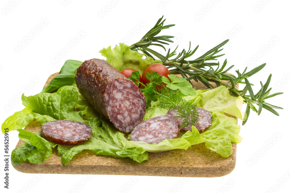 Salami with rosemary, salad and tomatoes