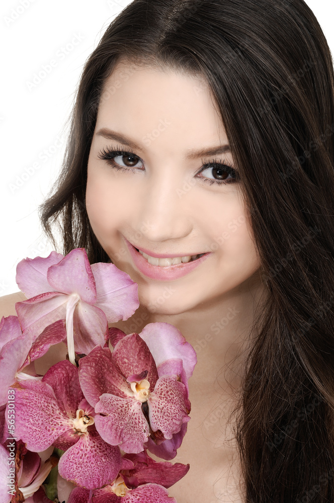 beauty woman with bouquet orchid flower in her hands beauty woman with bouquet orchid flower in her hands
