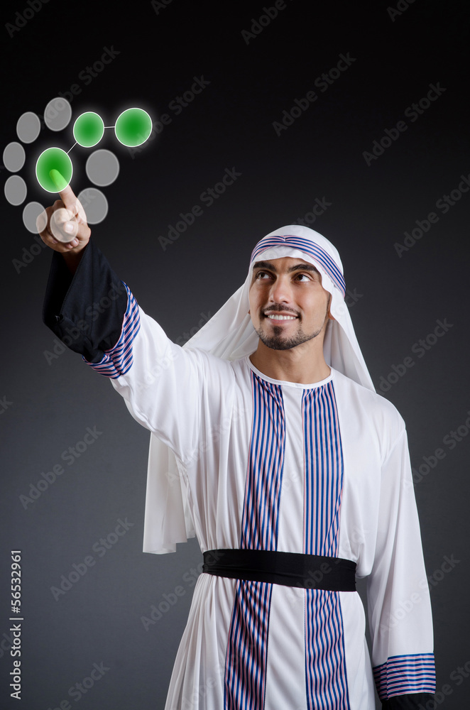 Arab businessman pressing virtual buttons Arab businessman pressing virtual buttons
