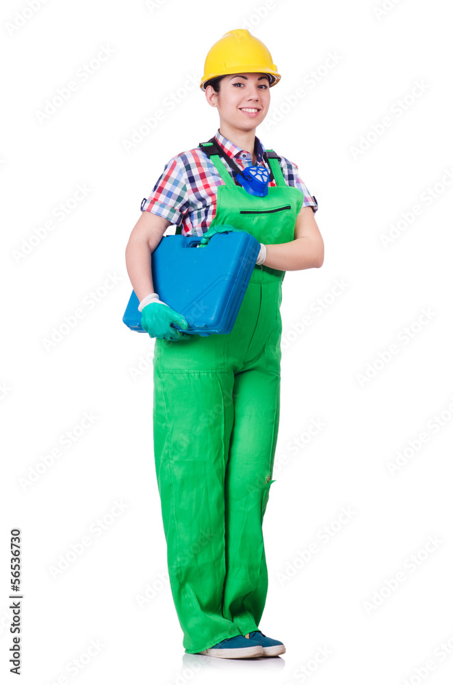 Young woman in green coveralls