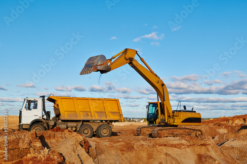 excavator loading dumper truck