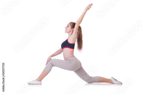 Young woman doing exercises on white