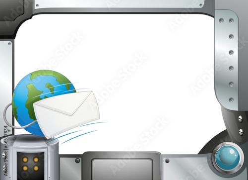 A metal frame template with a globe and an envelope