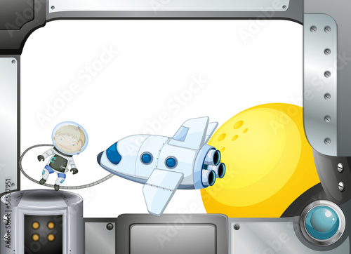 A metal frame border with an airplane and an astronaut