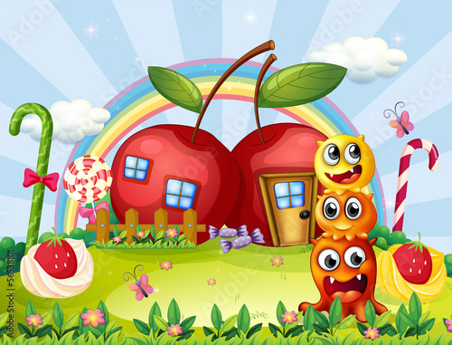 Three monsters in front of the apple house