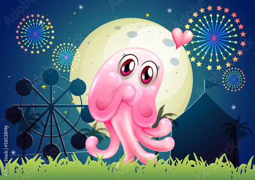 An in-love pink monster near the carnival