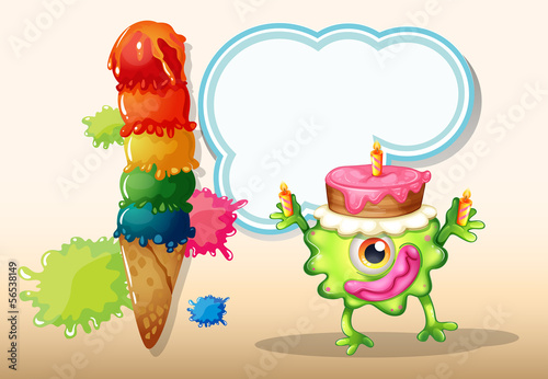 A monster with a cake above the head