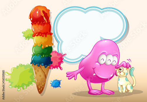 A pink monster and a cat near the giant icecream